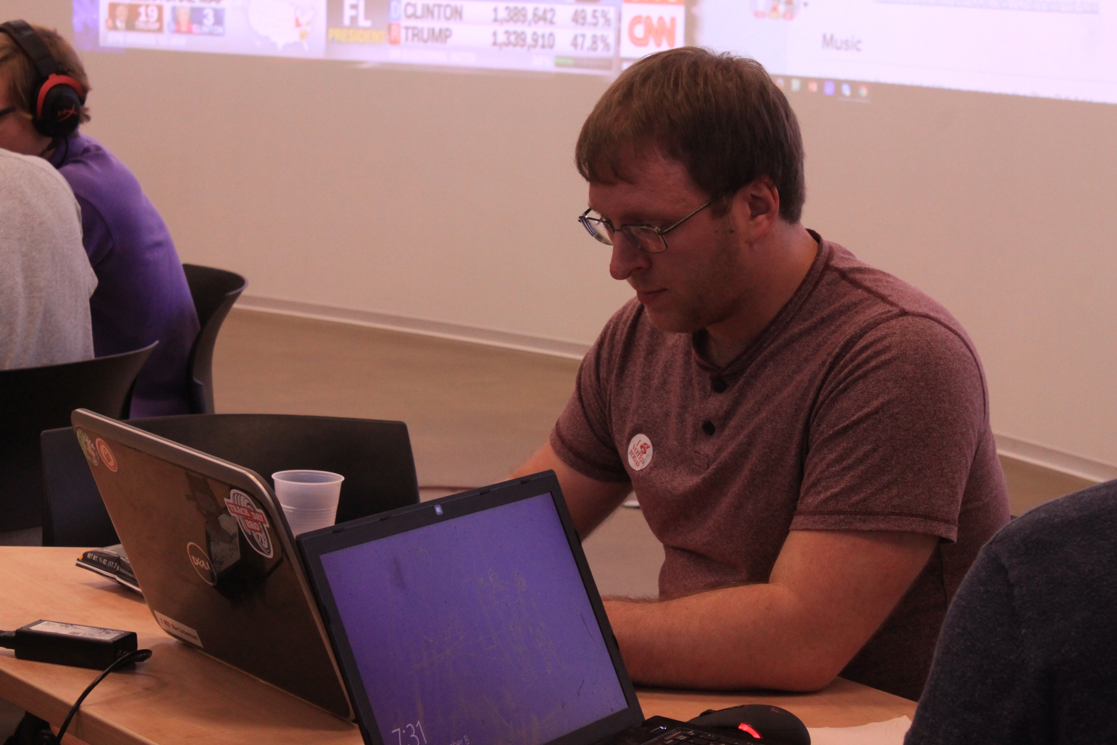 Mark Repka works on his 2016 Election Viewer app during the Election Night Hackathon by FOSS at RIT