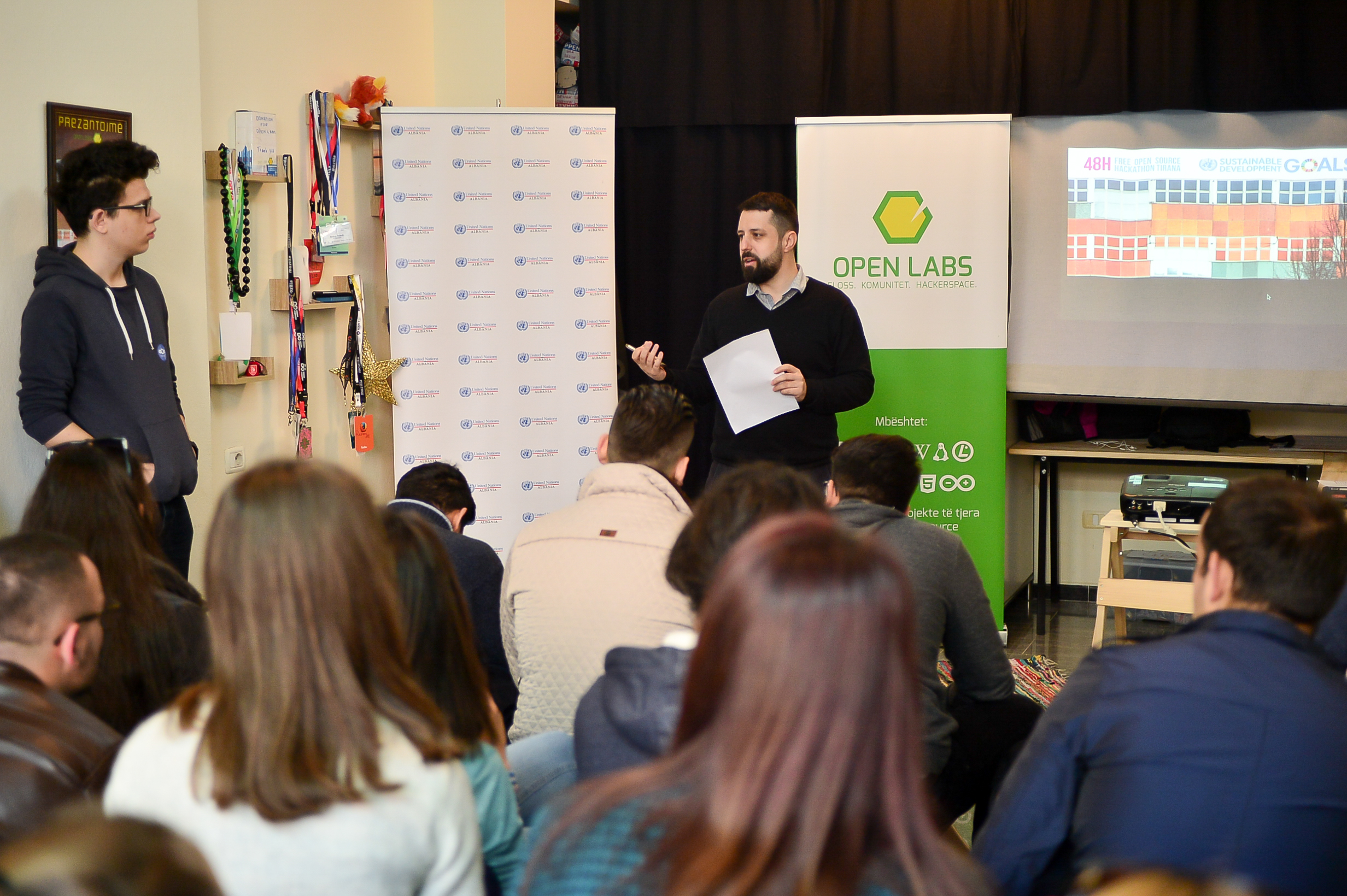 Redon Skikuli addresses all attendees in Open Labs to kick off the hackathon