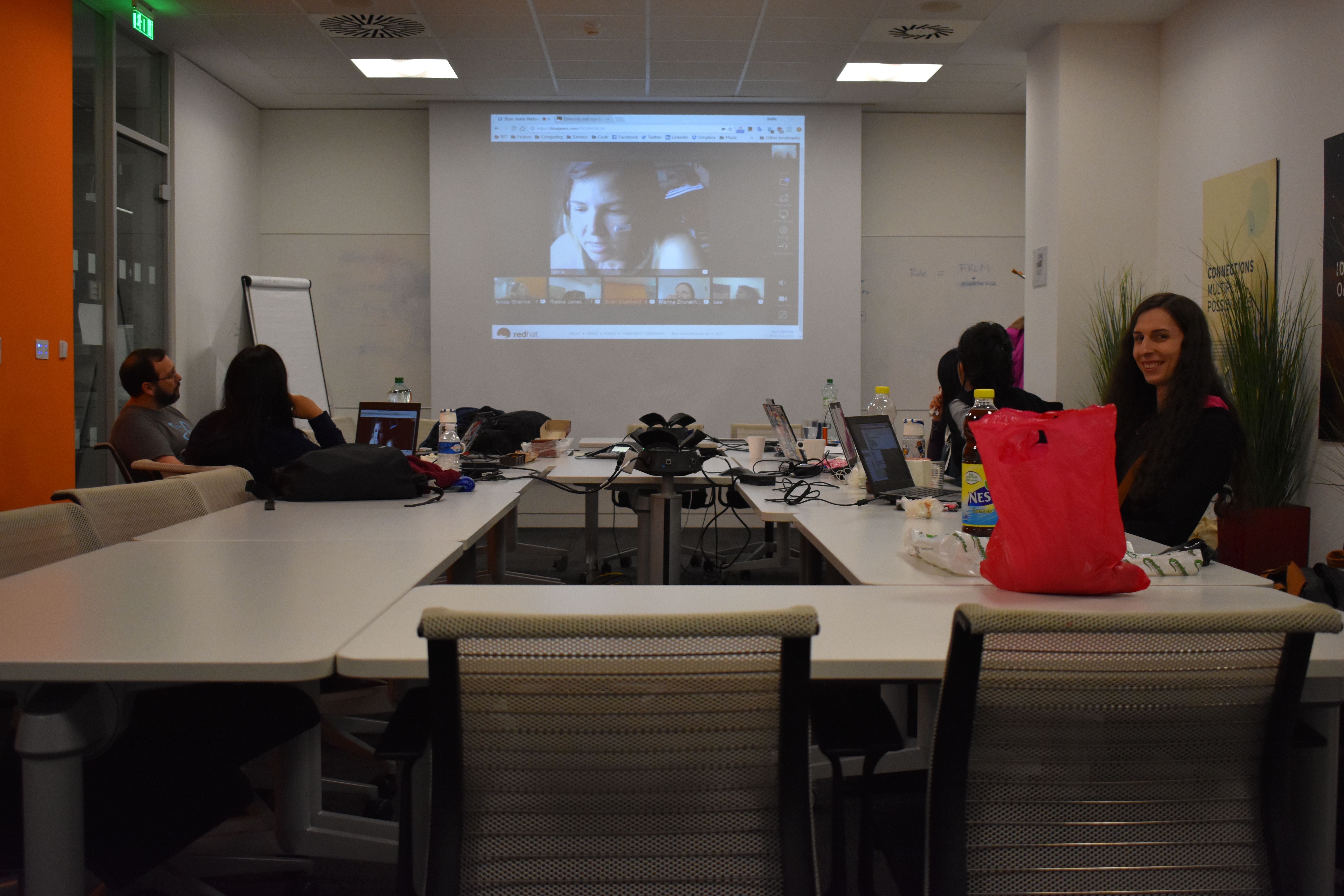 The entire team in Brno listening to Maria &ldquo;tatica&rdquo; Leandro and Marina Zhurakhinskaya, dialing in from Venezuela and the United States for the Fedora Diversity FAD 2017