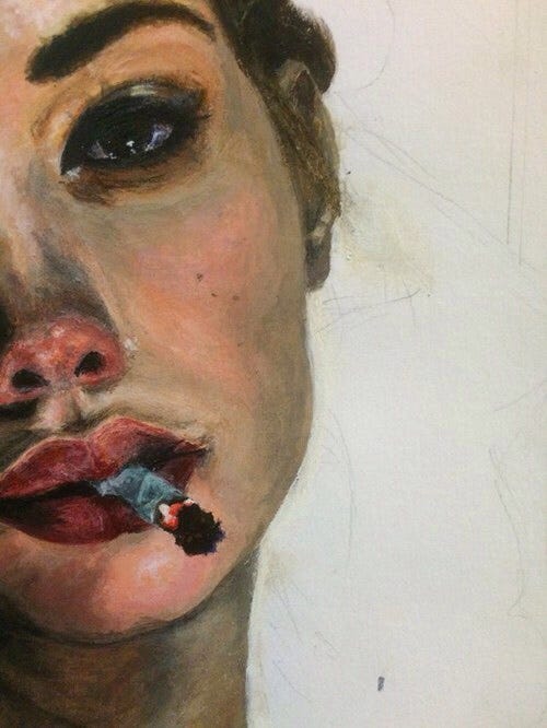 An unfinished portrait painting showing the left half of a person&rsquo;s face with red lipstick and a lit cigarette resting between their lips. The right half of the image is a blank white canvas showing only faint pencil sketch lines.