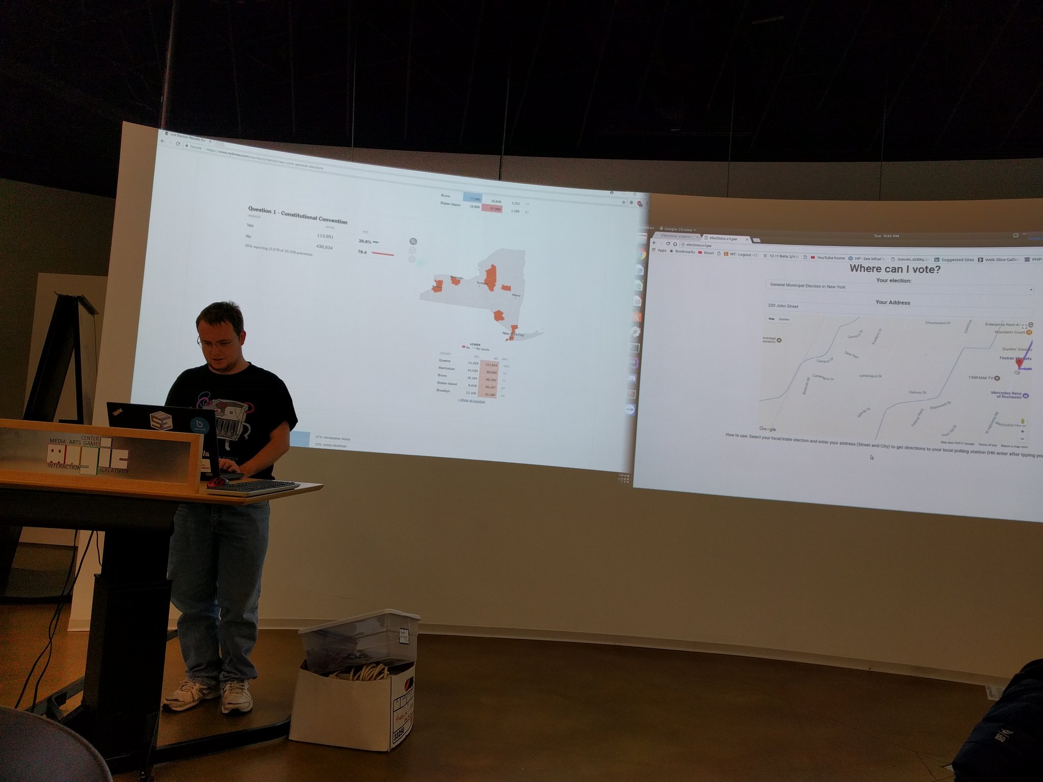 Chris Bitler demonstrated his Where can I vote app at the end of the Election Night Hackathon